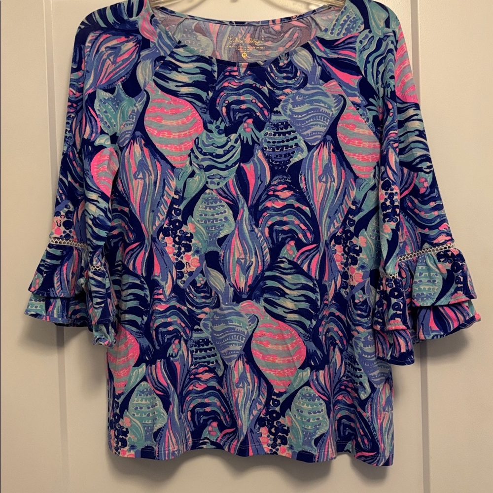 Lilly Pulitzer colorful Top 3/4 ruffle sleeve w decorative stitching Women’s Med